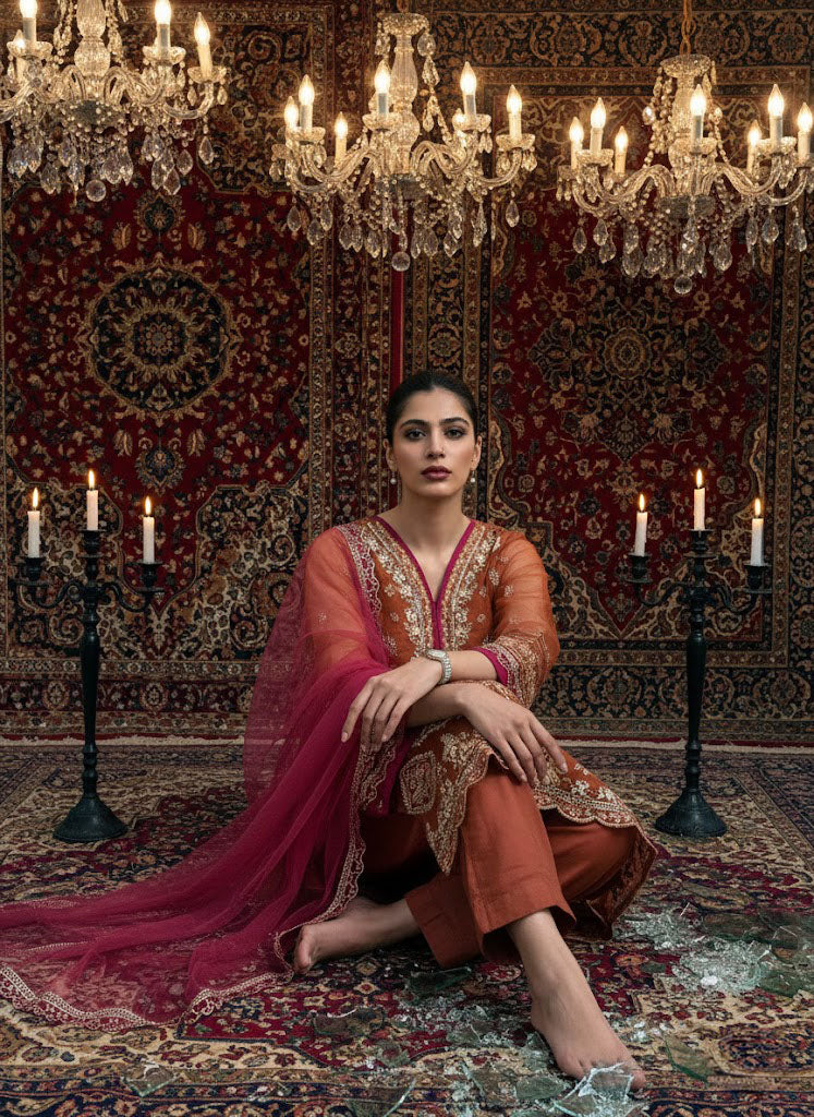 Rust Brown with Orange Organza