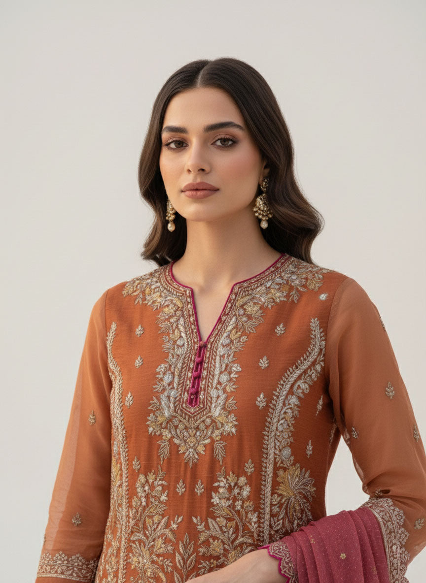 Rust Brown with Orange Organza