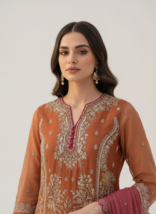 Rust Brown with Orange Organza